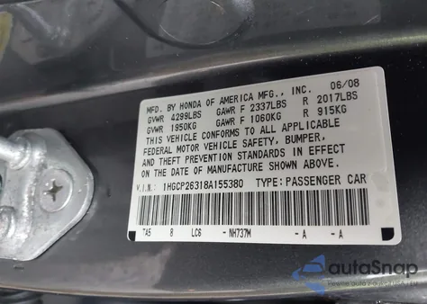 2008 Honda Accord 2.4 Lx из США, поврежденный, VIN 1HGCP26318A155380